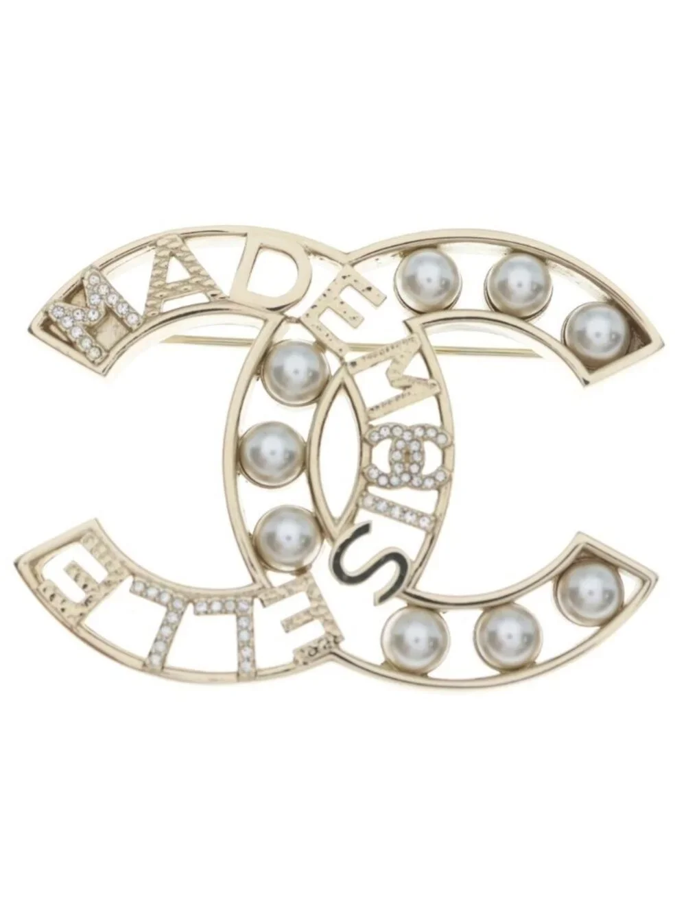 Chanel CC Logo Fakepearl Rhinestone Brooch Gold